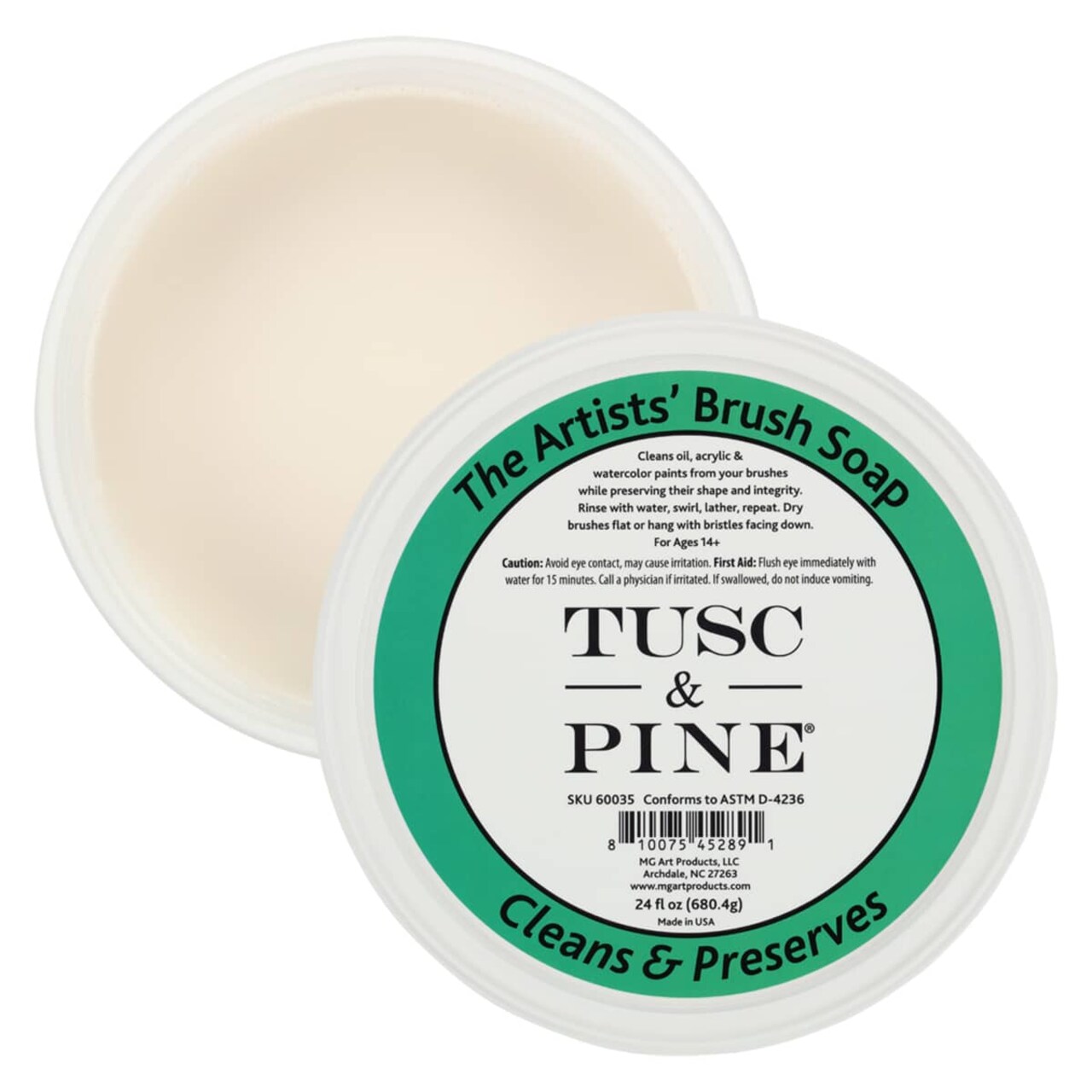 Tusc & Pine The Artists' Brush Soap - 24oz Plant-Based Brush Cleaner, Oil, Acrylic, Watercolor Paint - Nourishes Bristles; Made in North Carolina; Alkali Soap, Gentle Pine Fragrance